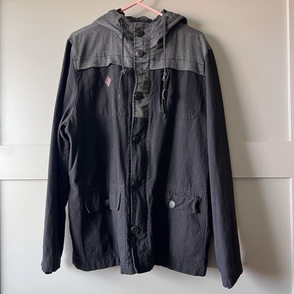 Lira Originals Full Zip Button Jacket Men XL Black Gray Colorblock Hooded Skater - Picture 1 of 16